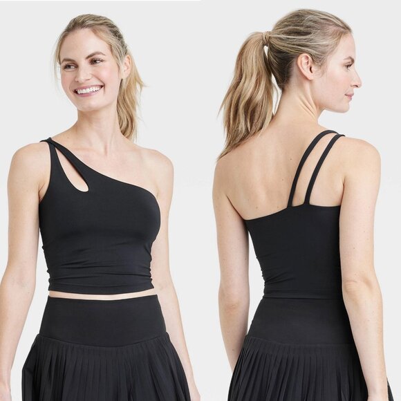 Small - Womens Light Support Asymmetrical Cropped Sports Bra - AIM - Black - Picture 1 of 10